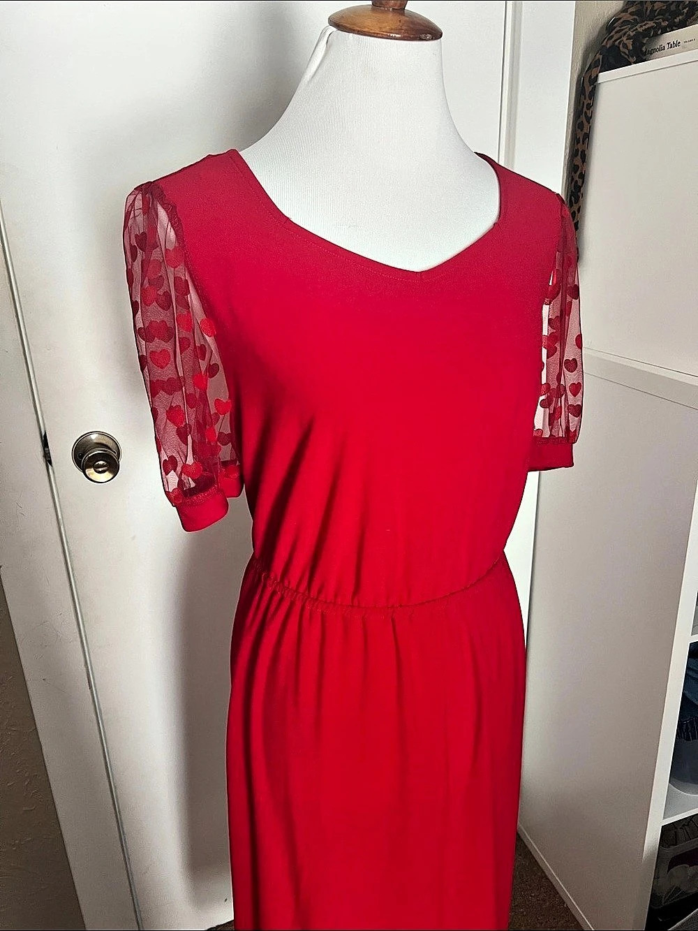 Red Midi Dress with Sheer Heart-Print Sleeves NWT